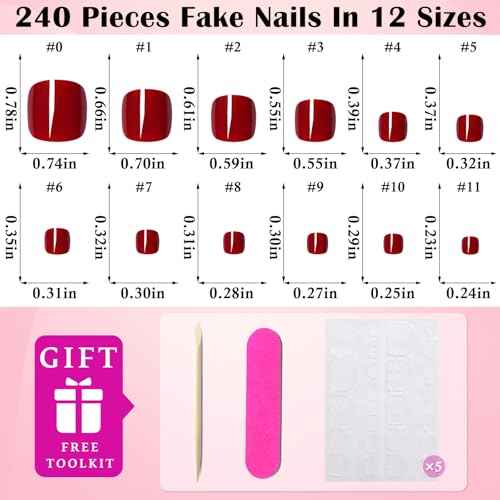 LoveOurHome 240pc Red Press on Toenails Women Fake Toe Nails with Glue Tabs, Dark Red Fake Toenails Press on Toes Nail Glue on Toenail Acrylic Toe Nail Tips Gel Artificial False Stick Toenail Tip