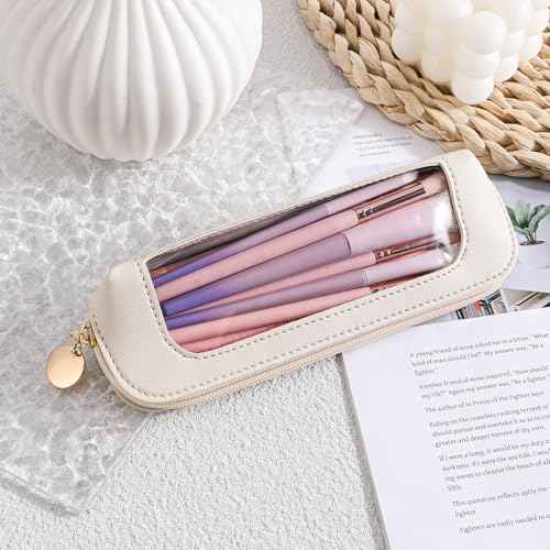 Small Clear Makeup Bag, PU Leather Travel Makeup Brush Case Portable Transparent Waterproof Cosmetic Organizer Pouch with Zipper for Women Home Travel Office Makeup Storage (White)