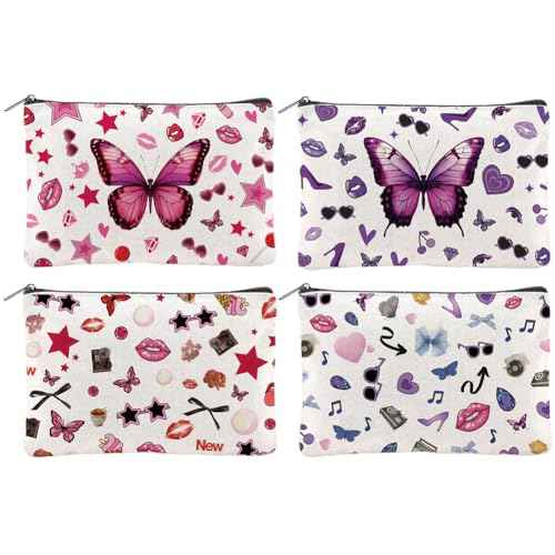 4Pcs Butterfly Makeup Bags 5.91x9.06 inch Music Singer Canvas Cosmetic Bags with Zipper Canvas Travel Toiletry Pouches Fashion Fans Gifts for Women Party Shopping Accessories