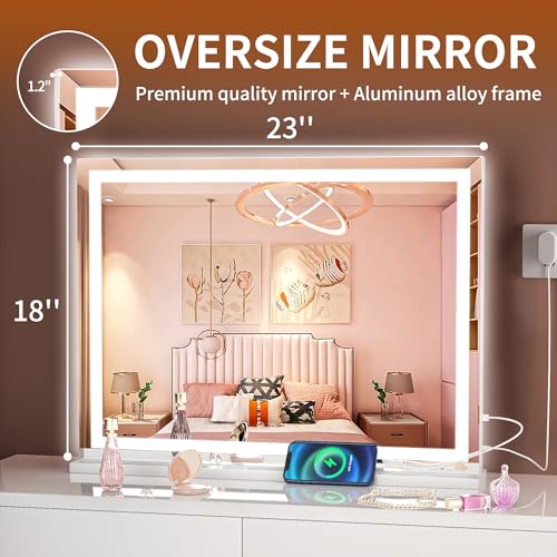 Hasipu Vanity Mirror with Lights, 23" x 18" LED Makeup Mirror, Lighted Makeup Mirror with Dimmable 3 Modes, Touch Screen Control Vanity Mirror Square White
