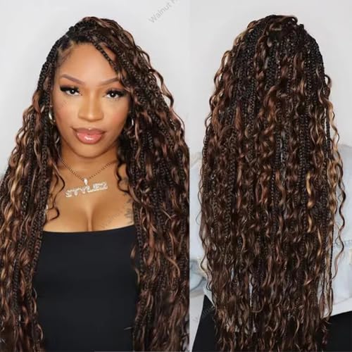 Deep Wave Crochet Human Hair Extensions Brazilian Virgin Feather Human Hair Bundles Pre Separated Braiding Hair Pre Looped for Boho Braids For Black Women Walnut Hair #30 Hair Color 16inch 60g
