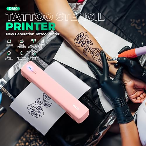 Nelko Tattoo Stencil Printer, D810 Wireless Thermal Tattoo Printer with 10pcs Tattoo Transfer Papers, Portable Tattoo Machine for Artist & Beginners, Compatible with Phones, Tablets & PC, Pink