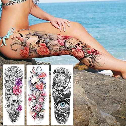 11 Sheets NEZAR Large Vine Peony Flower Rose Full Arm Temporary Tattoos For Women Realistic Skull Skeleton Fake Temporary Tattoo Sleeves Stickers Waterproof Leg Makeup Floral Blossom Tatoos Paper Eye