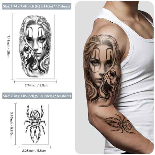 77 Sheets Temporary Tattoos, Chicano Large Fake Tattoos Chicano Guadalupe Gangster Prisoner Day of the Dead, Lowrider Style Culture Mexico Clown Fake Tattoo Stickers for Men Women Adults