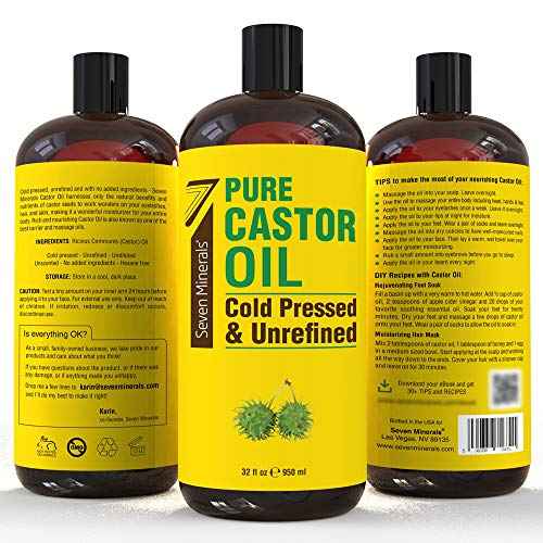 Pure Cold Pressed Castor Oil - Big 32 fl oz Bottle - Unrefined & Hexane Free - 100% Pure Castor Oil for Hair Growth, Thicker Eyelashes & Eyebrows, Dry Skin, Healing, Hair Care, Joint and Muscle Pain