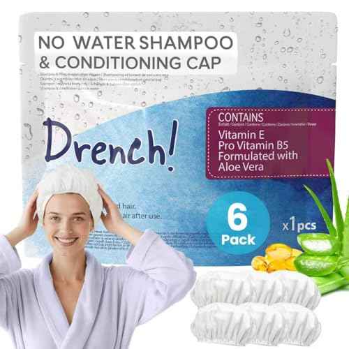 Drench Shampoo Caps No Rinse - Waterless Shampoo Cap and Conditioner - Dry Hair Wash Caps for Elderly or Bedridden - Contains Aloe Vera, Vitamin E and Provitamin B5-6 Counts
