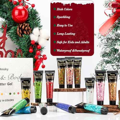 14 Colors Body Glitter,Face Glitter Makeup for Kids Women,Sparkly Chunky Hair Glitter for Eye Lip Nails,Mardi Gras Glitter Makeup Face Paint,Singer Concerts Disco Rave Festival Accessories-Christmas
