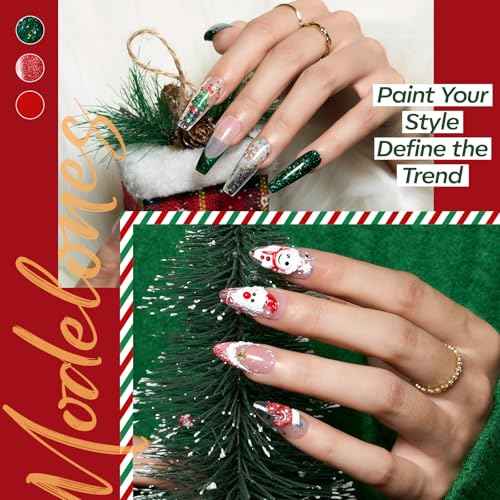 Modelones Christmas Gel Nail Polish Set, 6 Colors 2025 Winter White Red Dark Green 9D Cat Eye Gel Polish Gold Stars Ornament Glitter Nail Polish with Stickers & Magnet & Wooden Stick LED Mani DIY Gift