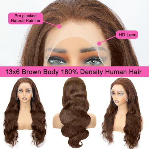 Chocolate Brown Body Wave Wig 22 inch Brazilian Hair 13x6 Body Wave Lace Front Wigs 100% Unprocessed Virgin Hair Chocolate Brown Human Hair Wig with Baby Hair for Women