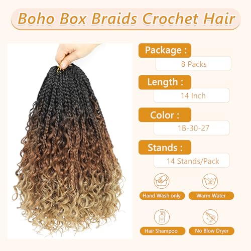 8 Packs Goddess Box Braids Crochet Hair for Black Women -14 Inch Crochet Braids Hair Bohomian Box Braid Crochet Hair Synthetic Braiding Hair (1B/30/27)