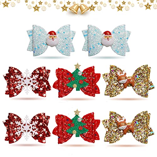 8pcs Christmas Hair Clip Glitter Sequined Christmas Santa Bow Clips Christmas Tree, Snowflower Elk Bow Hair Barrettes Hairpin Christmas Tree Accessories Christmas Birthday Gifts for Girls Women Toddlers