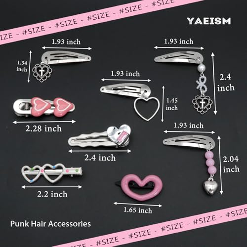 10PCS Heart Hair Clips Y2K Silver Hair Clips Metal Dangle Heart Gothic Barrettes 8 Shapes Cross Punk Hair Accessories for Women