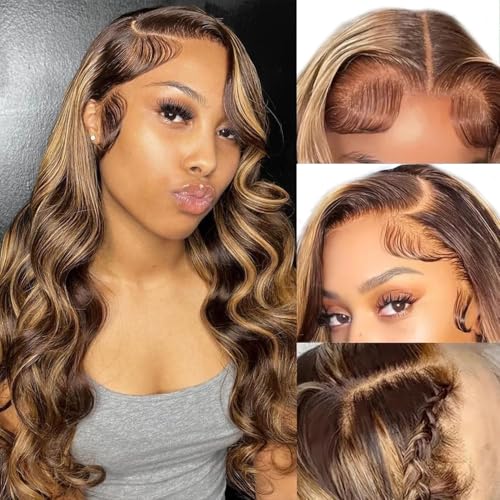 13x6 Honey Blonde Body Wave Lace Front Wigs Human Hair Pre Plucked 200% Density 4/27 Ombre Frontal Wigs HD Lace Front Wig Glueless Highlight Wigs for Black Women Human Hair Bleached Knots 20 inch