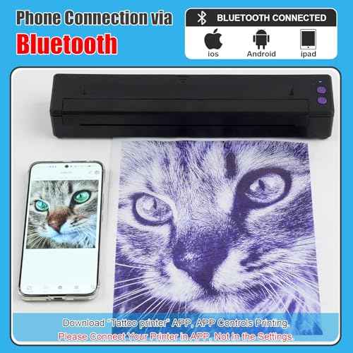 Tattoo Stencil Printer Wireless Tattoo Printer Machine Thermal Printers Compatible with Phone Pad and PC Tattoos Transfer Machine Bluetooth and USB Connectivity for Tattooing Supplies