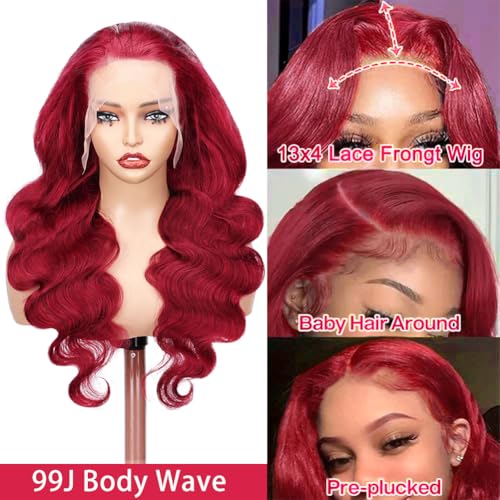 SOSATISFY 99J Burgundy Lace Front Wigs Human Hair 200 Density 13x4 Full Lace Body Wave Wig HD Transparent Lace Red and Wine Wigs for Women Pre Plucked with Baby Hair 22 Inch