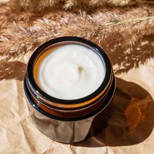 OverNews 1oz Amber Glass Jar, Empty Cosmetic Lotion Containers,with Inner Liners,Black Lid, Spatula