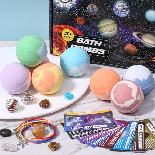 Galaxy Bath Bombs for Kids with Surprise Inside Space Toys, 8 Pack Planet Bath Bombs with Solar System Gemstones Organic Bubble Bath Fizzies Birthday Christmas Gifts for Boys Girls