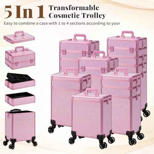 AROUS Rolling Makeup Train Case Large Storage Cosmetic Trolley 5 in 1 Large Capacity Trolley Makeup Travel Case with Key Swivel Wheels Salon Barber Case Traveling Cart Trunk, Pink