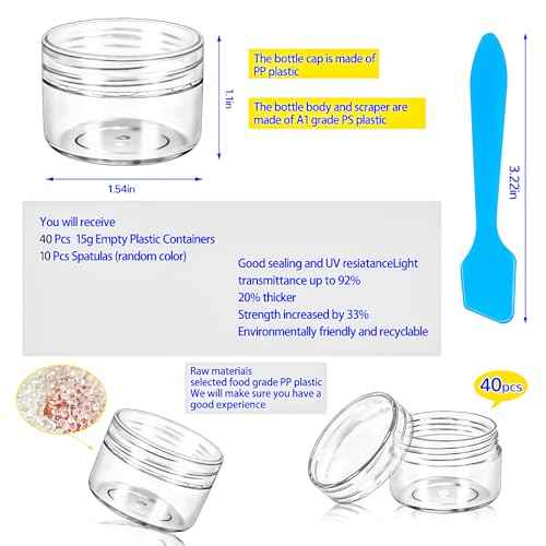 MotBach 40 PCS 15g Empty Plastic Containers with Clear Lids, Small Makeup Containers, 0.5oz Small Sample Jars Round Travel Cosmetic Jars with Spatulas for Liquid Cream Lotion Powder