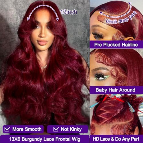 99J Burgundy Lace Front Wigs Human Hair Body Wave 13x6 HD Transparent Lace Front Wigs Human Hair Pre Plucked with Baby 99j Red Wine Glueless Human Hair Wigs for Women 26 Inch