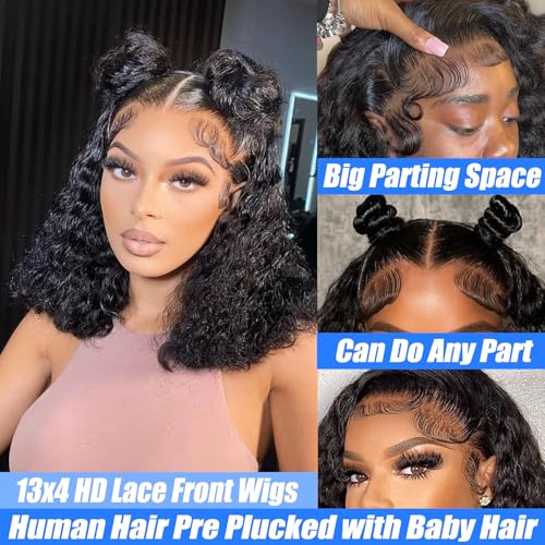 16 Inch Short Curly Bob Wigs Human Hair 13x4 Deep Wave Lace Front Wigs Human Hair for Black Women HD Lace Front Wigs Human Hair Pre Plucked with Baby Hair Chocolate Brown