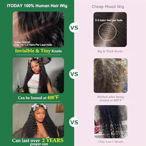 ITODAY 13x6 Deep Wave Lace Front Wigs Human Hair 200% Density 24 Inch Curly Human Hair Wig for Women Natural Black HD Transparent Lace Glueless Frontal Wigs Pre Plucked Natural Color