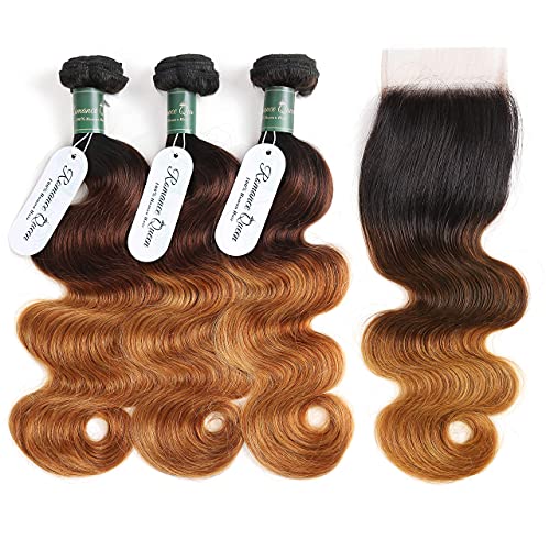 Ombre Bundles With Closure Body Wave Human Hair Brazilian Human Hair 3 Bundles With Closure Weave Hair Human Bundles (12 14 16 + 10 inch, T1B/4/30)