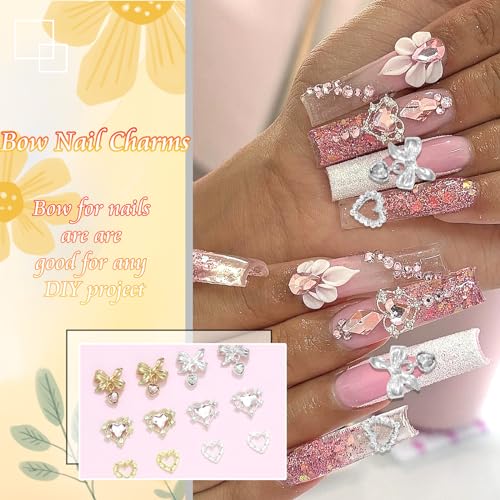 Heart Nail Charms 3D 30PCS Crystal Bow Nail Charms Gold Silver Heart Charms for Nails Crystal Nail Gems and Rhinestones for Nail Art and DIY Crafts Decoration