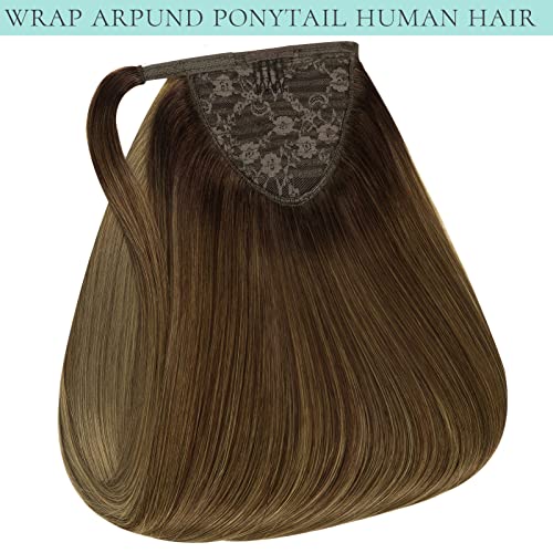 Long Ponytail Extension Human Hair Balayage Ponytail Hair Extensions Natural Wrap Around Clip on Ponytails for Women with Magic Paste 20 Inch 90g Ombre Darker Brown Mix Light Brown to Light Brown