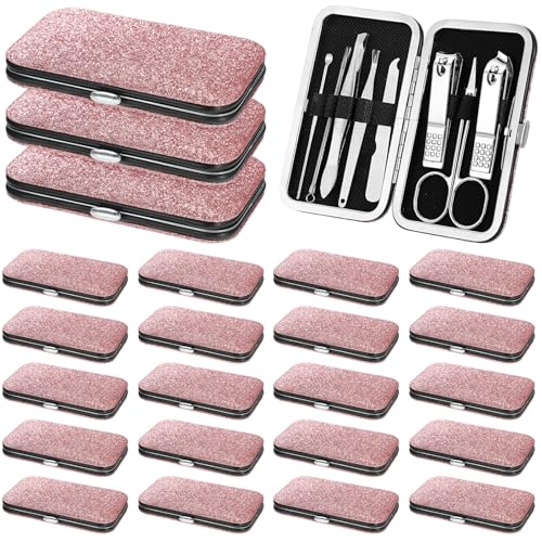 Lasnten 24 Set Christmas Manicure Set Bulk Nail Clippers Grooming Nail Kit Stainless Steel Professional Pedicure Kit Pedicure Tools with Travel Case Gifts for Xmas Men Women(8 in 1,Shiny Pink)