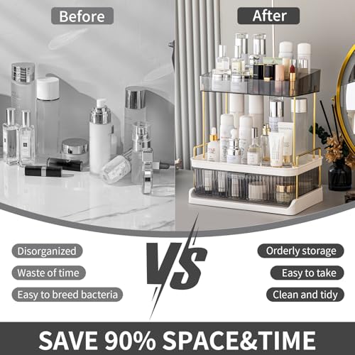 YCIA & DONE Bathroom Counter Organizer, Multi Makeup, Skincare, Perfume, Cosmetic, Vanity Countertop Organizer - Large Capacity, 2 Tier with Drawer - Easy to Install, Clean, Smoky Gray