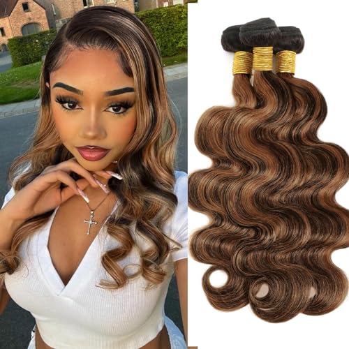 Brown Highlight Body Wave Human Hair 3 Bundles, 12A Balayage Ombre Blonde Color Wavy Bundles Human Hair 100% Remy Hair Soft and Glossy #1b/30 Black Hair with Highlights Sew In 10 12 14 Inch