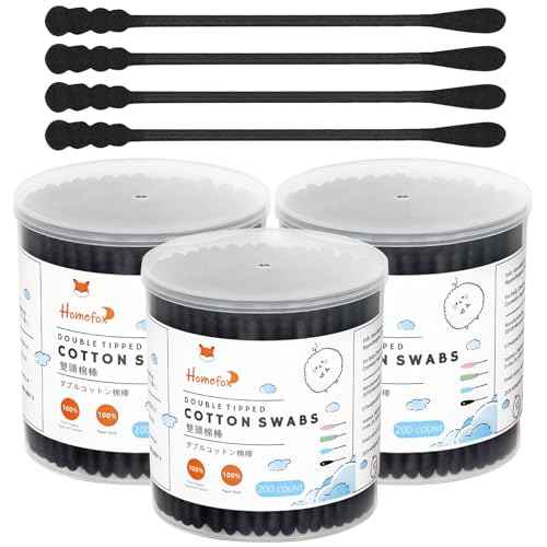 Black Cotton Swabs Spiral - 600 Count Organic Cotton Buds Double Side Tightly Wrapped Charcoal Cotton Tips Paper Stick Soft Gentle Lint-Free Cruelty-Free Goth Bathroom, Round & Spiral (Black)