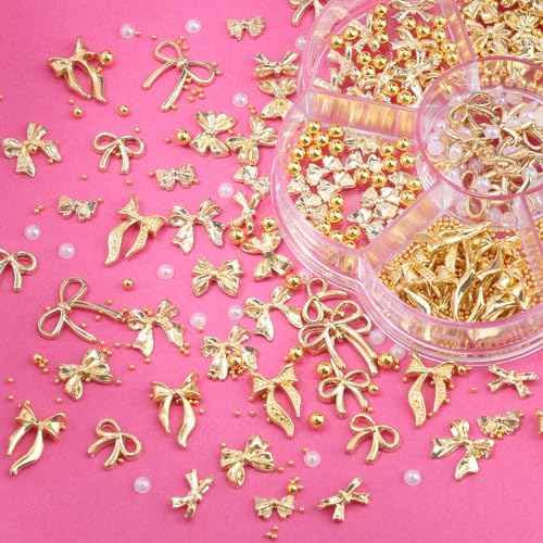 3D Metal Alloy Nail Bows Kit - Silver & Gold Bowknot Charms with 1-3mm Mini Caviar Beads, Tweezers, Pickup Pencil, Cute Nail Charms and Gems Jewelry in Petal-shaped Box (Gold-kit-1)