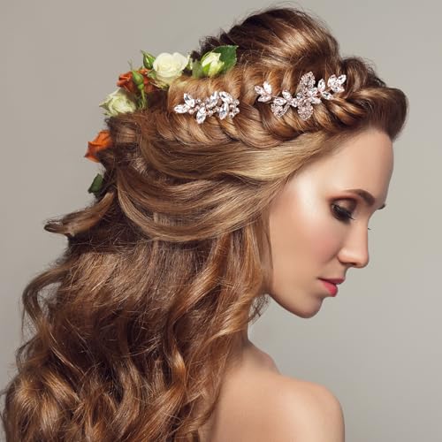 4PCS Rhinestones Hair Clips, Bridal Crystal Hair Pins, 2 Styles French Hairpins Alloy Leaf Shape Barrettes for Women, Girls for Wedding, Parties (Rose Gold, 2 Pairs)