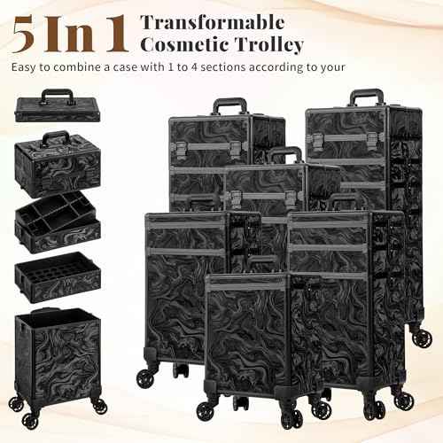 Profesional Rolling Makeup Train Case with Lid, 5 in 1 Cosmetology Case on Wheels, Large Cosmetic Trolley Organizer Travel for Hairstylist Artist Nail Beauty Salon Barber, Black Ink