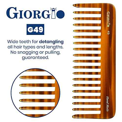 Giorgio G49 Large 5.75 Inch Detangling Comb, Wide Teeth for Thick Curly Wavy Hair. Long Hair Detangler Comb For Wet and Dry. Handmade of Quality Cellulose, Saw-Cut, Hand Polished, Tortoise Shell