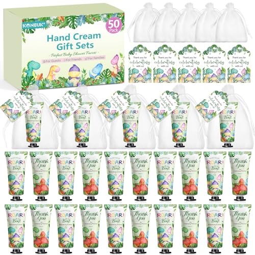 50 Pack Bulk Hand Cream Gifts Sets, Baby Shower Favors and Wedding Welcome Bag Stuffers for Guests with Thank You Card and Organza Gift Bags, Appreciation Gifts, Bridal Shower Favors (Dinosaur)