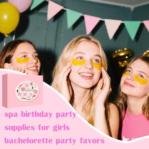 90 PCS Spa Party Supplies for Girls, Include 10 PCS Lip Mask, Eye Mask, Facial Masks, Lip Balm, Hand Cream, Scrunchie, Compressed Towel, Organza Bag, Cards, Spa Birthday Party Supplies for Girls