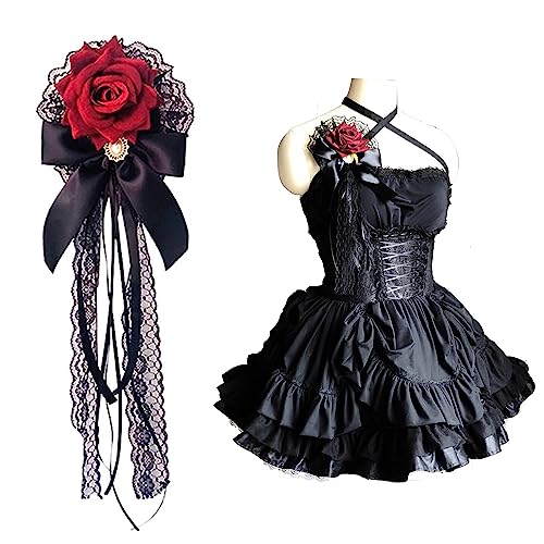 Flower Hair Combs, Rose Bow Hairpin Lace Ribbon ElegantCute Retro Handmade Hair Bride Accessories for Party Wedding Red Birthday Halloween Cosplay Women Girl Decoration