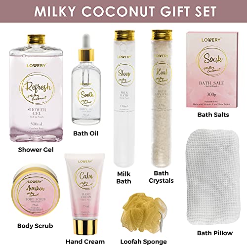 Luxury Bath Gift Set - Home Spa Gift Basket with Milky Coconut Scent, Vitamin E & Shea Butter with Shower Gel, Bath Salt & Crystals, Body Scrub, Hand Cream, Body Oil, Bath Pillow, Wooden Crate & More