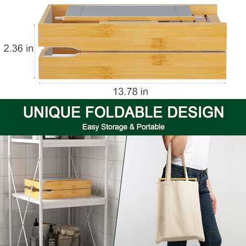 Foldable Bamboo Bathtub Caddy Tray Expandable for Luxury Bath, Bath Accessories & Table with Wine Glass Holder, Book Stand Bathroom Organizer with Extending Sides for Men/Women