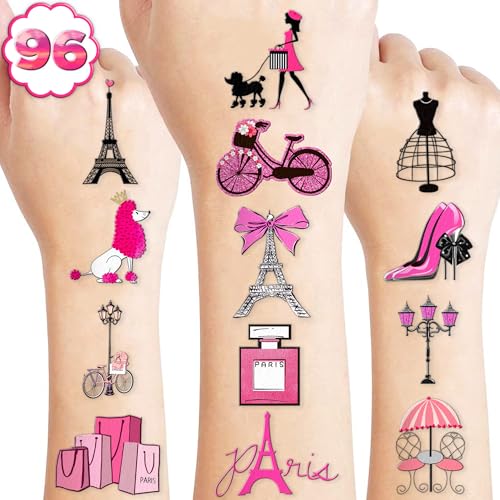 96PCS Paris Temporary Tattoos France Paris Party Decorations Favors Supplies French Theme Birthday Cute Eiffel Towers Tattoo Stickers Christmas Gifts for Boys Girls Kids Class School Prizes Carnival