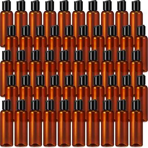 Mimorou 50 Pieces 4oz Plastic Squeeze Bottles with Disc Top Flip Cap Empty Amber Refillable Containers Small Travel Toiletry Bottles for Lotion Shampoo Oil Body Soap Creams