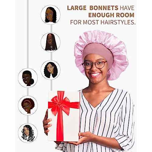 Satin Bonnet for Women Silk Bonnets for Sleeping Curly Hair Bonnet with Elastic Tie Band Reversible Double Layer Sleep Cap Hair Wrap (Bean Paste + Pink)