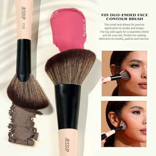 Jessup Face Makeup Brushes 3pcs Double Ended Makeup Brush Set for Foundation Contour Blush Highlight and Powder, Premium Synthetic Make up Brushes Peach Dust T508