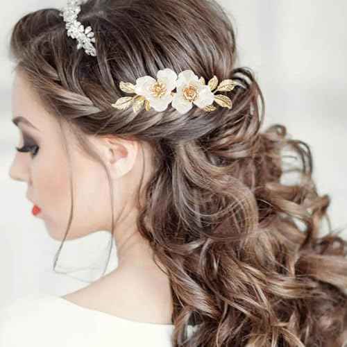 2 PACK Flower Wedding Hair Comb for Bride, Gold Leaf Wedding Hair Piece Floral Hair Accessories for Women and Girls