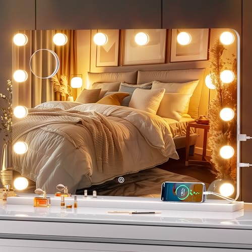 28''X20'' Hollywood Vanity Mirror with Lights, Rounded Rectangle White Frame, 3 Color Lighting Modes & Stepless Dimming, USB & Type-C Charging Port, Wall Mounted Or Tabletop