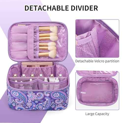 OCHEAL Makeup Bag - Portable Large Capacity Travel Cosmetic Case for Women with Handle and Divider Toiletry Organizer for Girls on the Go -Purple