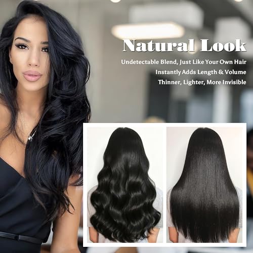 Butterfly Weft Hair Extensions Human Hair-Invisible Double Layered with Hole Hand Tied Genius Weft PU Seamless Micro Beads Real Remy Hair Jet Black 100g #1 16 Inch